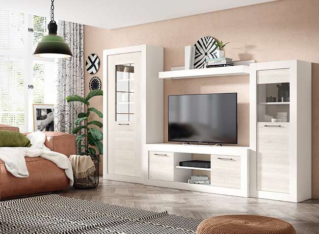 mueble salon blanco y madera gris con almacenaje 040gn030